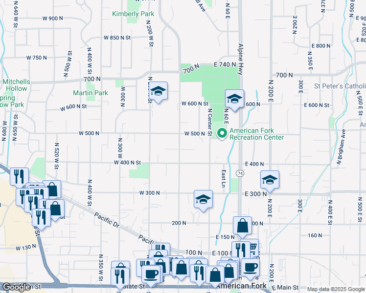 map of restaurants, bars, coffee shops, grocery stores, and more near 460 North 100 West in American Fork