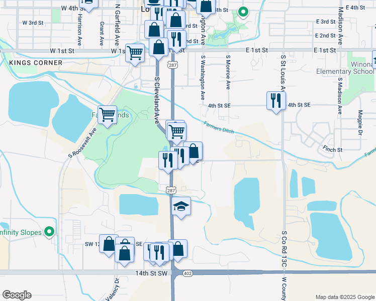 map of restaurants, bars, coffee shops, grocery stores, and more near 339 8th Street Southeast in Loveland