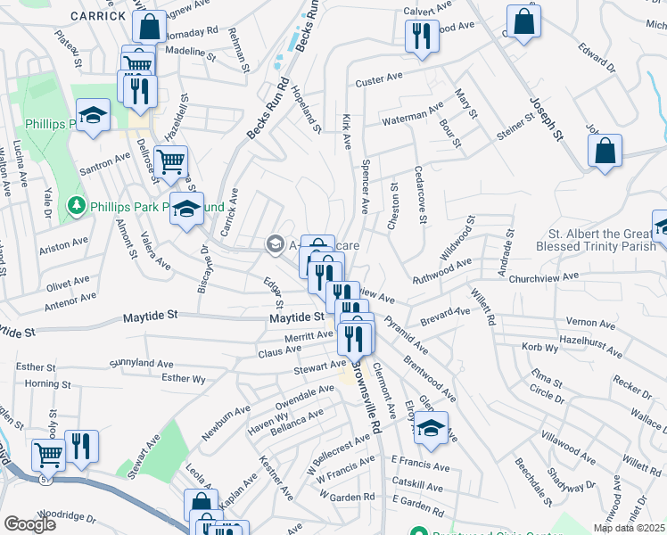map of restaurants, bars, coffee shops, grocery stores, and more near 2553 Churchview Avenue in Pittsburgh