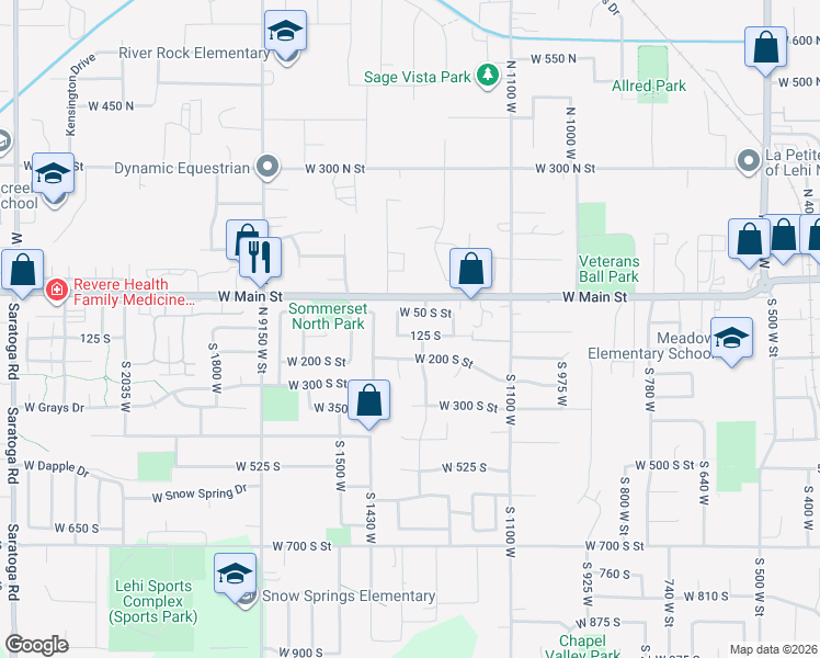 map of restaurants, bars, coffee shops, grocery stores, and more near 1322 West 125 South Street in Lehi