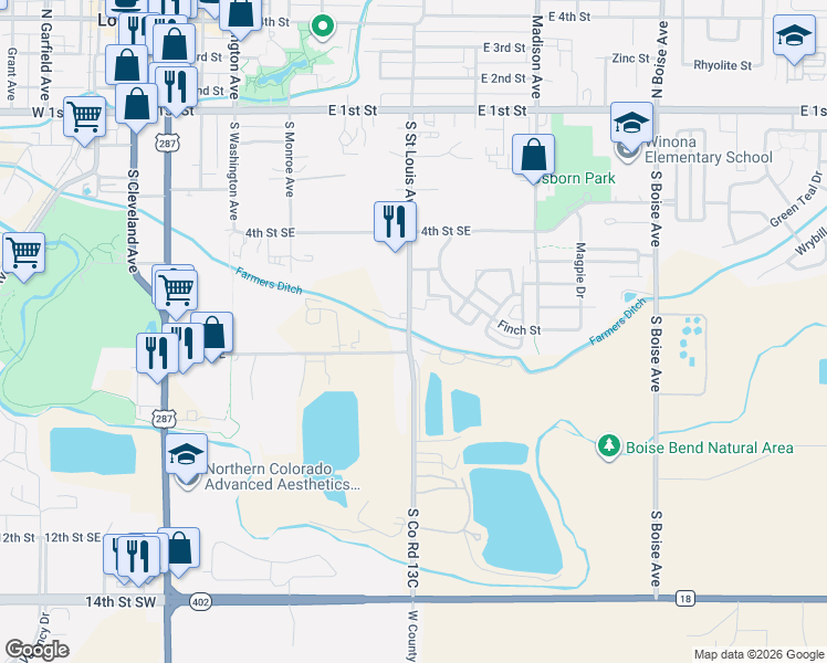map of restaurants, bars, coffee shops, grocery stores, and more near 600 South Saint Louis Avenue in Loveland