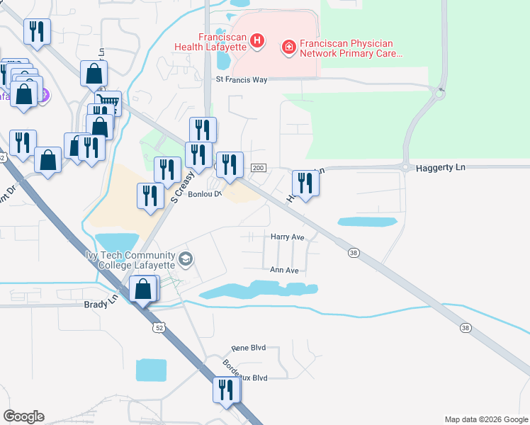 map of restaurants, bars, coffee shops, grocery stores, and more near 3977 State Route 38 in Lafayette
