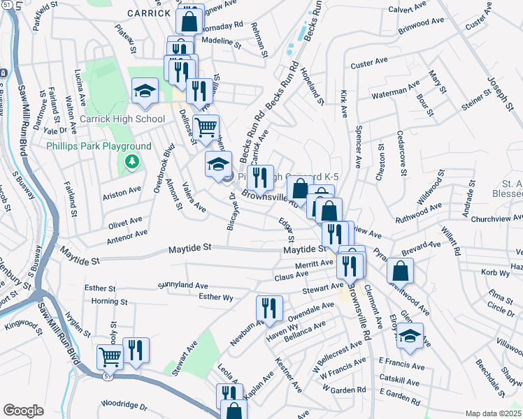 map of restaurants, bars, coffee shops, grocery stores, and more near 2437 Edgar Street in Pittsburgh