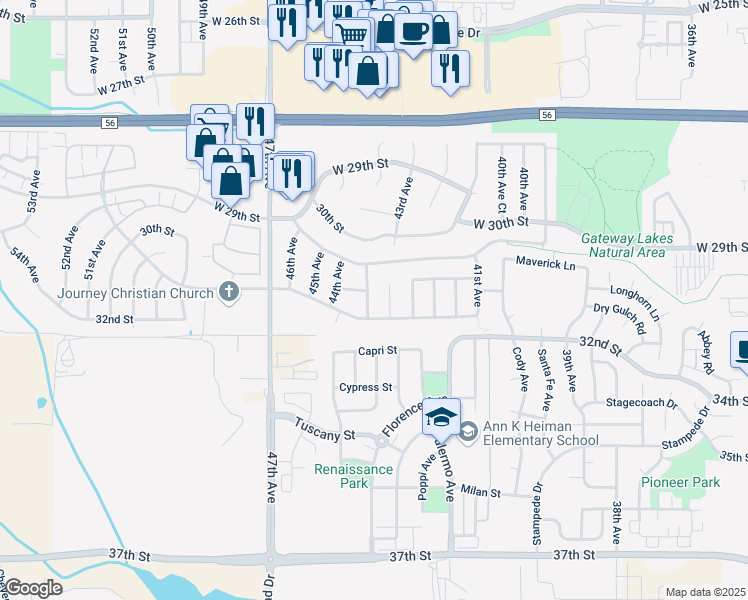 map of restaurants, bars, coffee shops, grocery stores, and more near 3026 43rd Avenue Court in Greeley