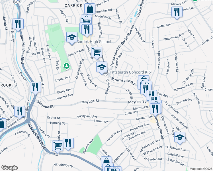map of restaurants, bars, coffee shops, grocery stores, and more near 2385 Valera Avenue in Pittsburgh