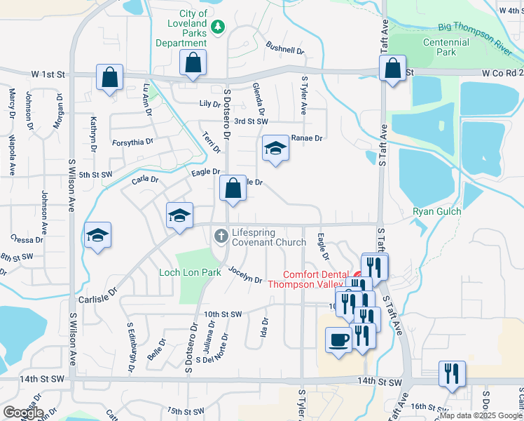 map of restaurants, bars, coffee shops, grocery stores, and more near 653 Melanie Court in Loveland