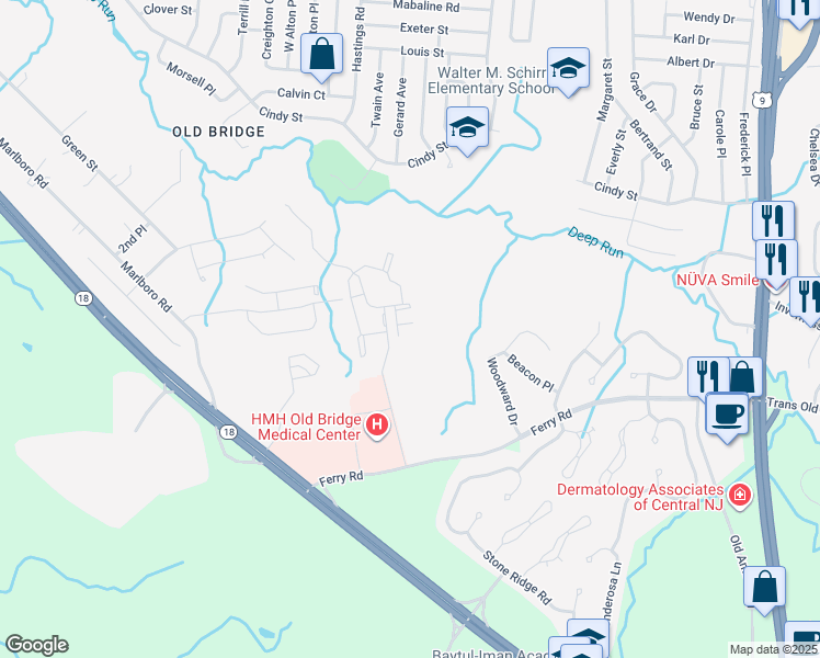 map of restaurants, bars, coffee shops, grocery stores, and more near 400 Forest Park Lane in Old Bridge