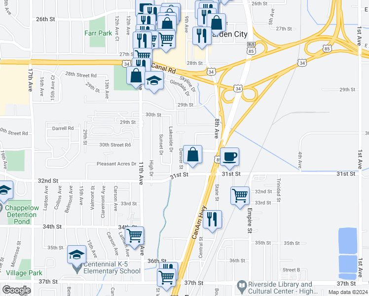 map of restaurants, bars, coffee shops, grocery stores, and more near 3028 Denver Street in Evans
