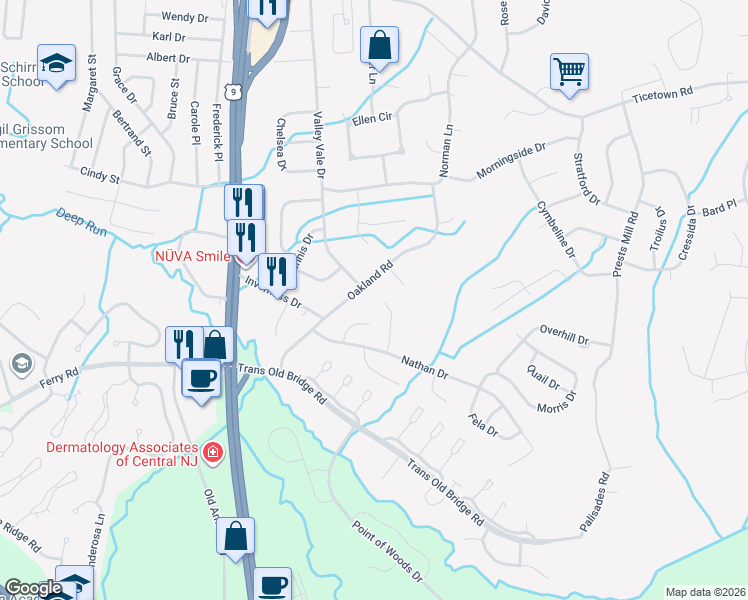 map of restaurants, bars, coffee shops, grocery stores, and more near 11 Cardinal Court in Old Bridge