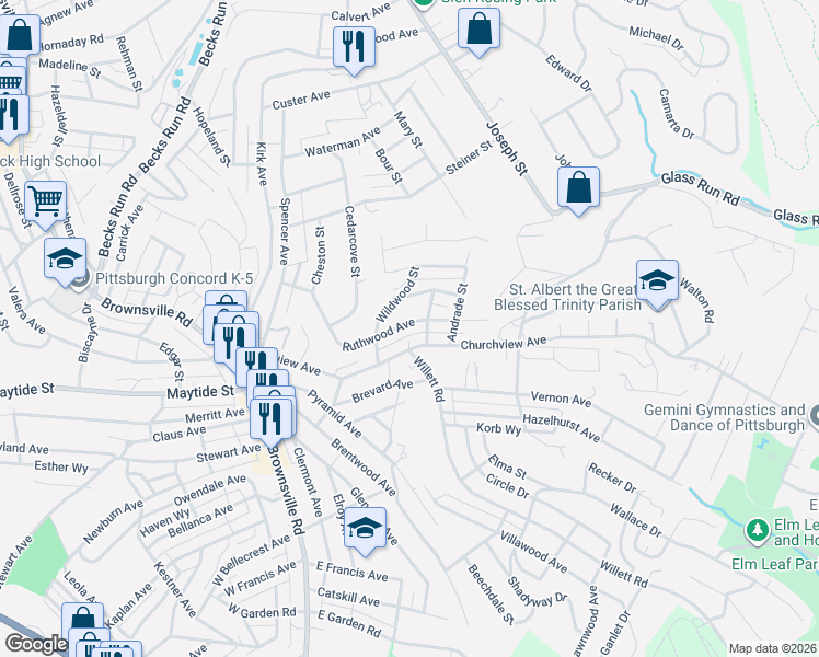 map of restaurants, bars, coffee shops, grocery stores, and more near 3005 Churchview Avenue in Pittsburgh