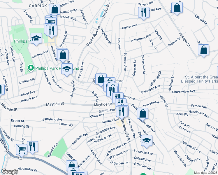 map of restaurants, bars, coffee shops, grocery stores, and more near 2553 Churchview Avenue in Pittsburgh