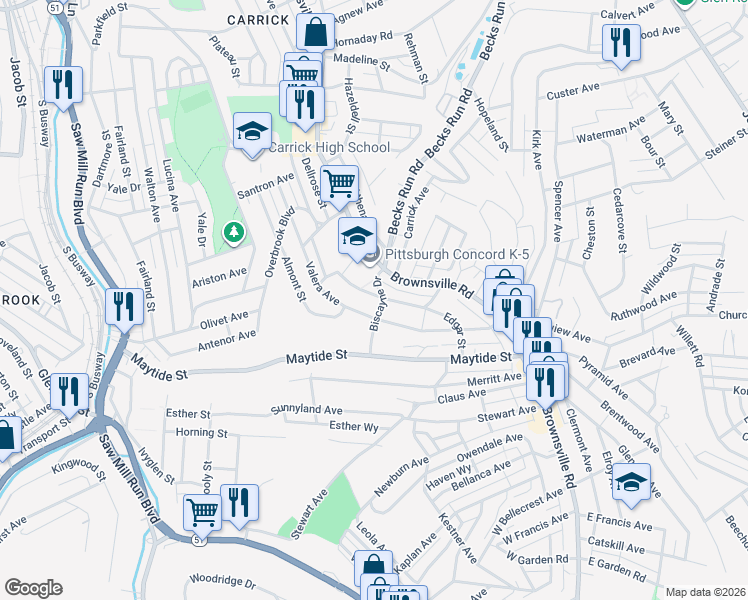 map of restaurants, bars, coffee shops, grocery stores, and more near 2385 Valera Avenue in Pittsburgh