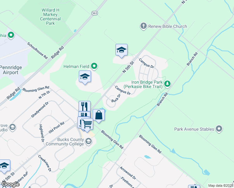 map of restaurants, bars, coffee shops, grocery stores, and more near 671 Deer Run Road in Perkasie