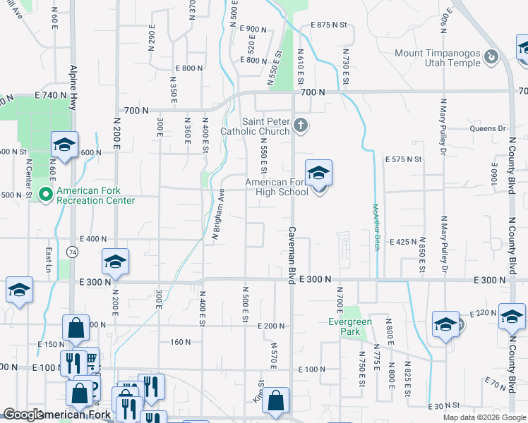 map of restaurants, bars, coffee shops, grocery stores, and more near 532 East 500 North in American Fork