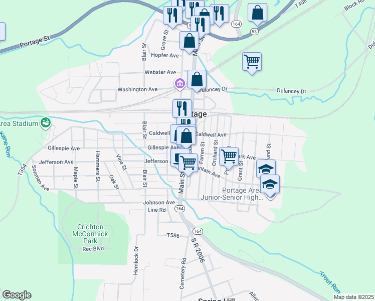 map of restaurants, bars, coffee shops, grocery stores, and more near 601-799 Branch St in Portage