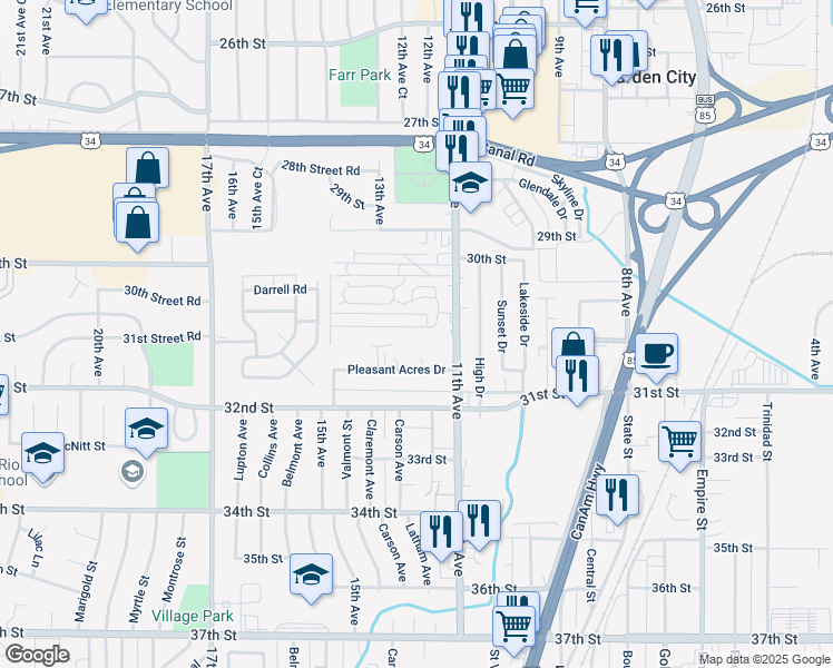 map of restaurants, bars, coffee shops, grocery stores, and more near 1132 30th Street Road in Greeley