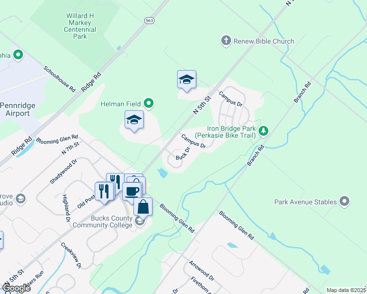 map of restaurants, bars, coffee shops, grocery stores, and more near 681 Deer Run Road in Perkasie