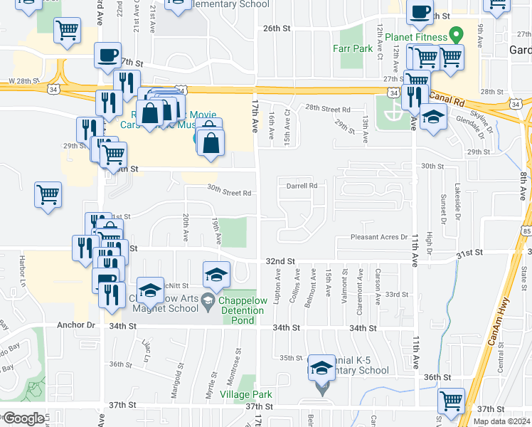 map of restaurants, bars, coffee shops, grocery stores, and more near 3056 17th Avenue in Greeley