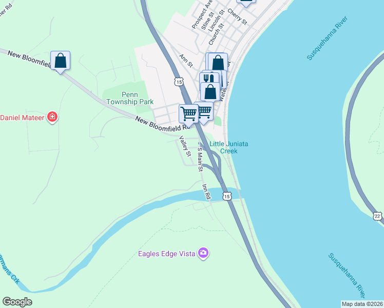 map of restaurants, bars, coffee shops, grocery stores, and more near 35 Valley Street in Duncannon