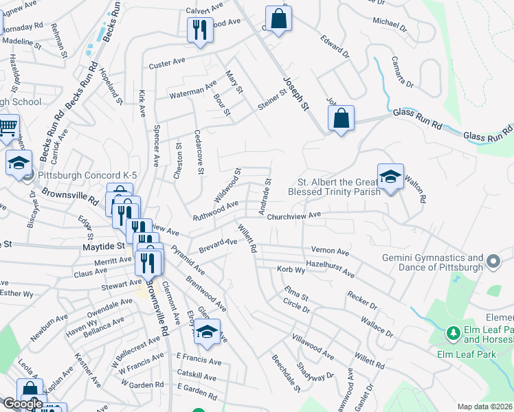 map of restaurants, bars, coffee shops, grocery stores, and more near 3031 Churchview Avenue in Pittsburgh