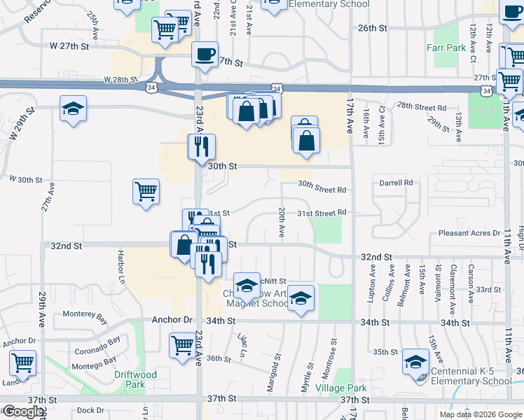 map of restaurants, bars, coffee shops, grocery stores, and more near 2022 31st Street Road in Greeley