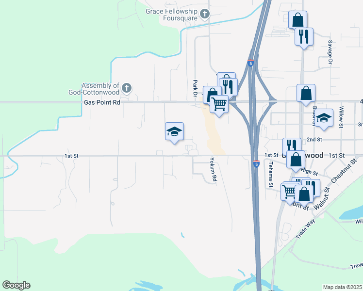 map of restaurants, bars, coffee shops, grocery stores, and more near 20512 1st Street in Cottonwood