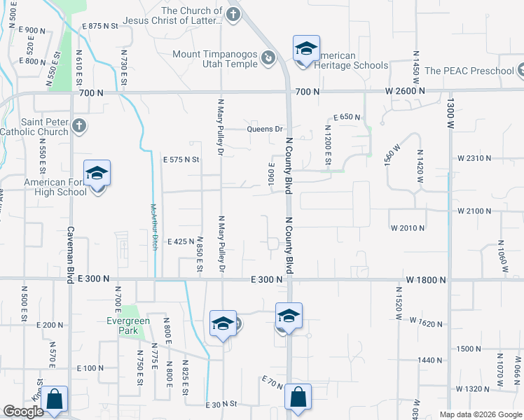 map of restaurants, bars, coffee shops, grocery stores, and more near 1024 East 450 North Circle in American Fork