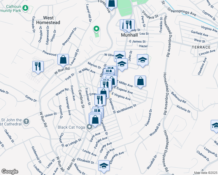 map of restaurants, bars, coffee shops, grocery stores, and more near 108 Virgin Way in Munhall