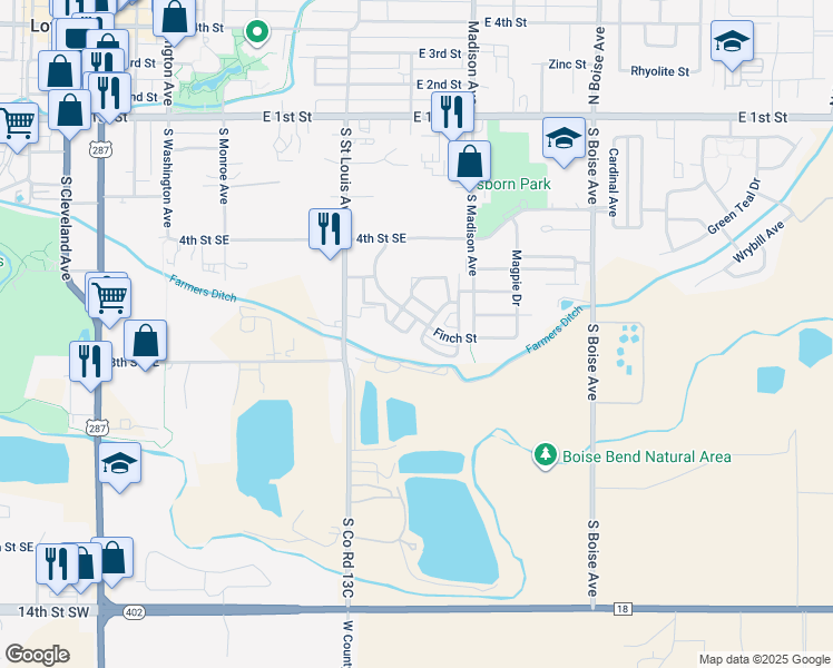 map of restaurants, bars, coffee shops, grocery stores, and more near 1252 Inca Dove Circle in Loveland
