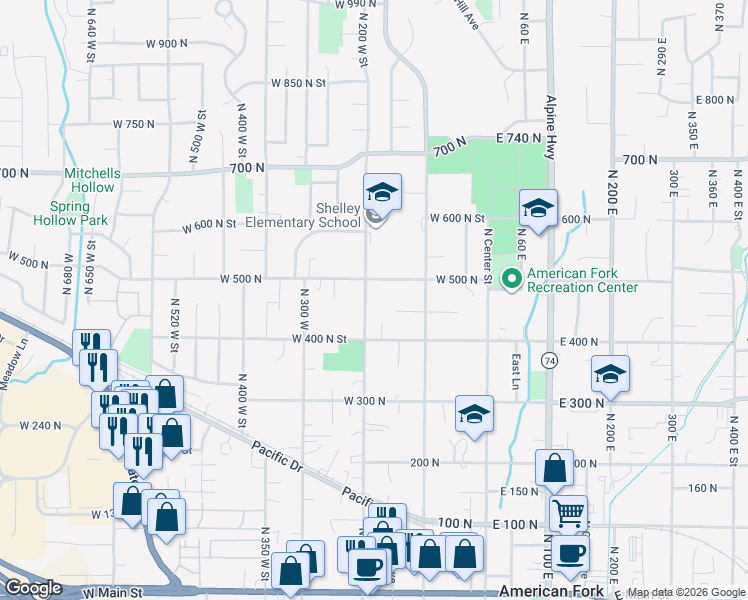 map of restaurants, bars, coffee shops, grocery stores, and more near 445 North 200 West Street in American Fork