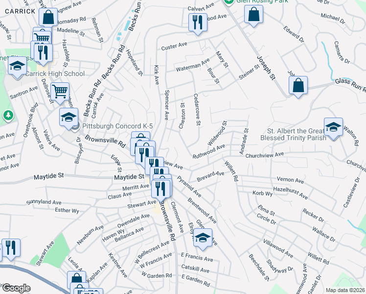map of restaurants, bars, coffee shops, grocery stores, and more near 1033 Sankey Court in Pittsburgh