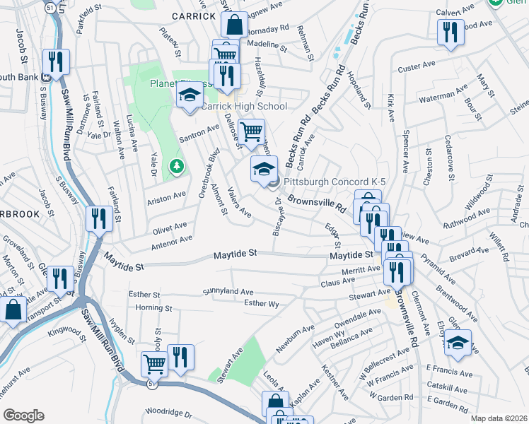 map of restaurants, bars, coffee shops, grocery stores, and more near 2385 Valera Avenue in Pittsburgh
