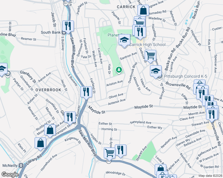 map of restaurants, bars, coffee shops, grocery stores, and more near 2336 Lucina Avenue in Pittsburgh