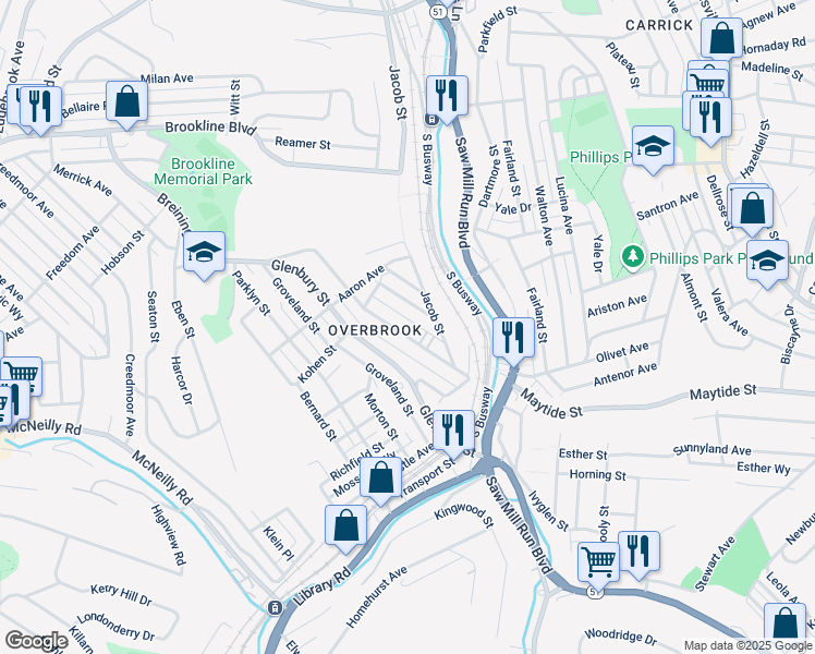 map of restaurants, bars, coffee shops, grocery stores, and more near 55 Briggs Street in Pittsburgh