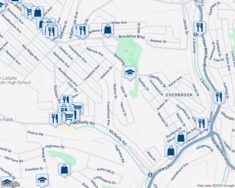 map of restaurants, bars, coffee shops, grocery stores, and more near 1706 Harcor Drive in Pittsburgh
