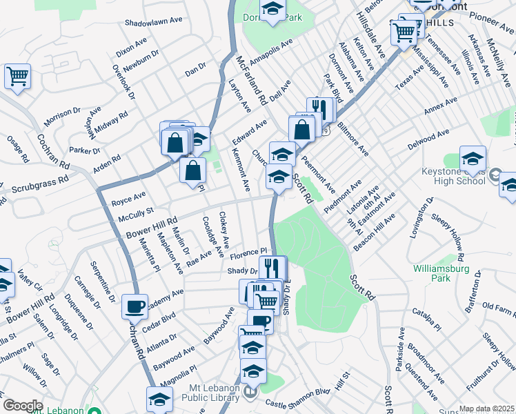 map of restaurants, bars, coffee shops, grocery stores, and more near 423 Kenmont Avenue in Pittsburgh