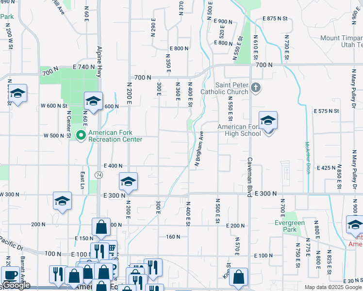 map of restaurants, bars, coffee shops, grocery stores, and more near 380 East 500 North in American Fork