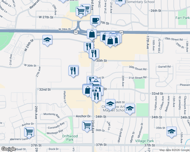 map of restaurants, bars, coffee shops, grocery stores, and more near 3103 22nd Avenue in Greeley
