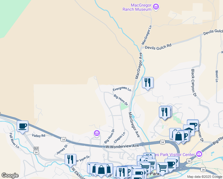 map of restaurants, bars, coffee shops, grocery stores, and more near 851 Big Horn Drive in Estes Park