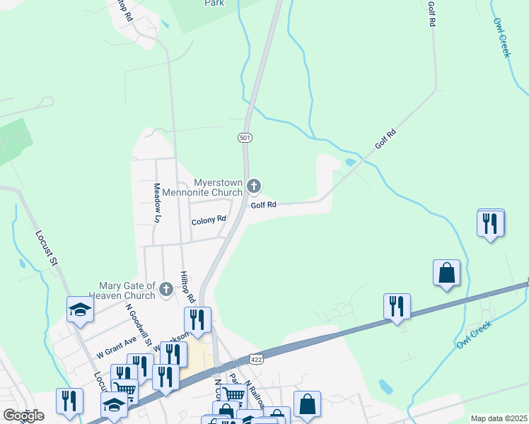 map of restaurants, bars, coffee shops, grocery stores, and more near 8 Golf Road in Myerstown