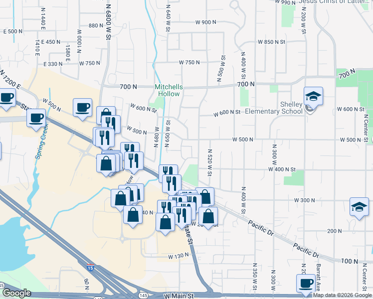 map of restaurants, bars, coffee shops, grocery stores, and more near 589 West 480 North Street in American Fork