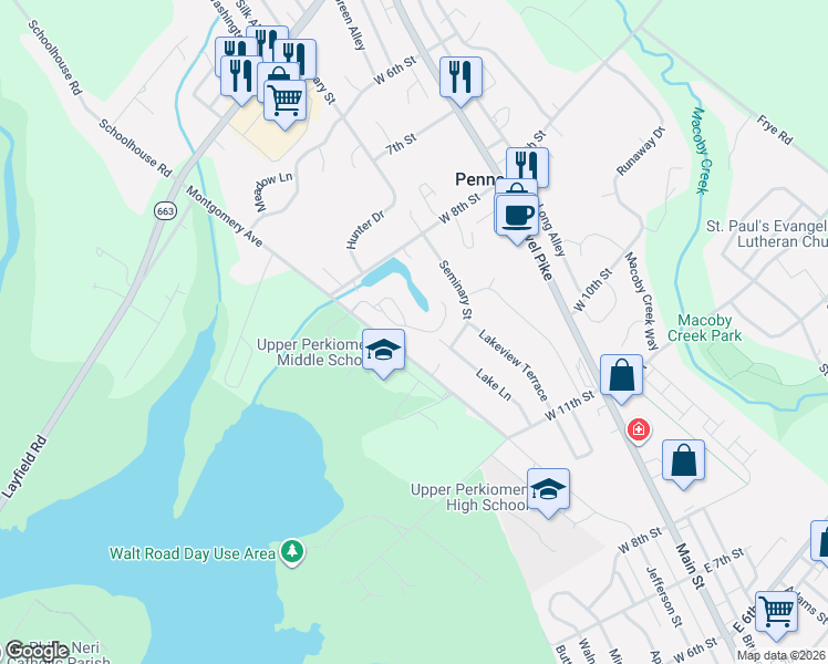 map of restaurants, bars, coffee shops, grocery stores, and more near 906 Montgomery Avenue in Pennsburg