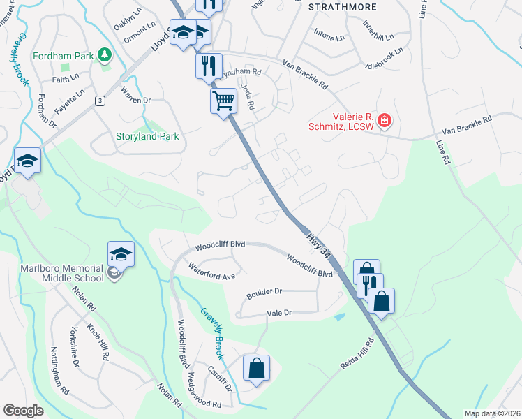 map of restaurants, bars, coffee shops, grocery stores, and more near 1340 New Jersey 34 in Matawan