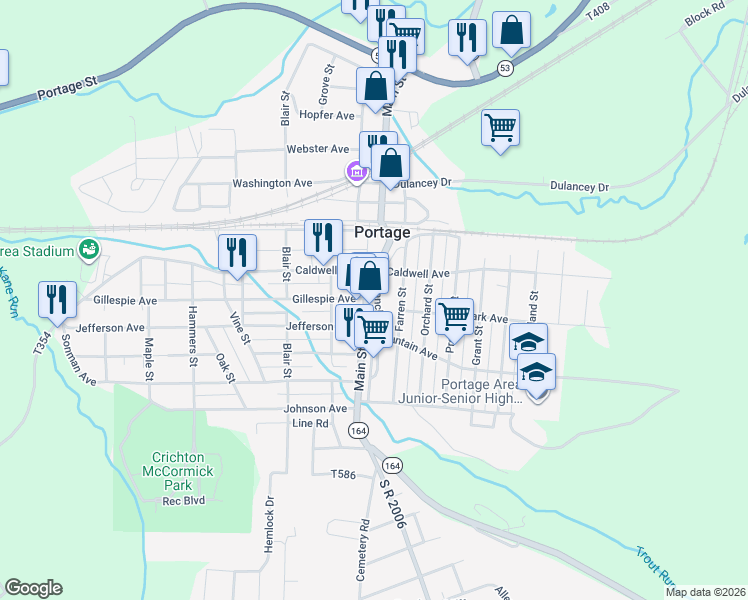 map of restaurants, bars, coffee shops, grocery stores, and more near 601-799 Branch St in Portage