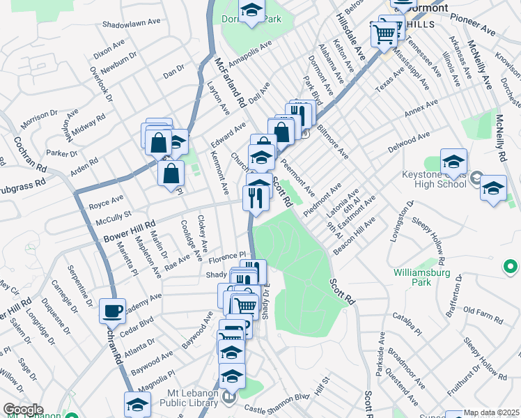 map of restaurants, bars, coffee shops, grocery stores, and more near 401 Washington Road in Pittsburgh