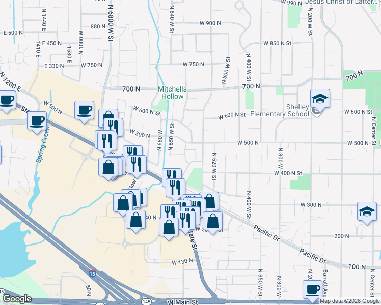 map of restaurants, bars, coffee shops, grocery stores, and more near 589 West 480 North Street in American Fork