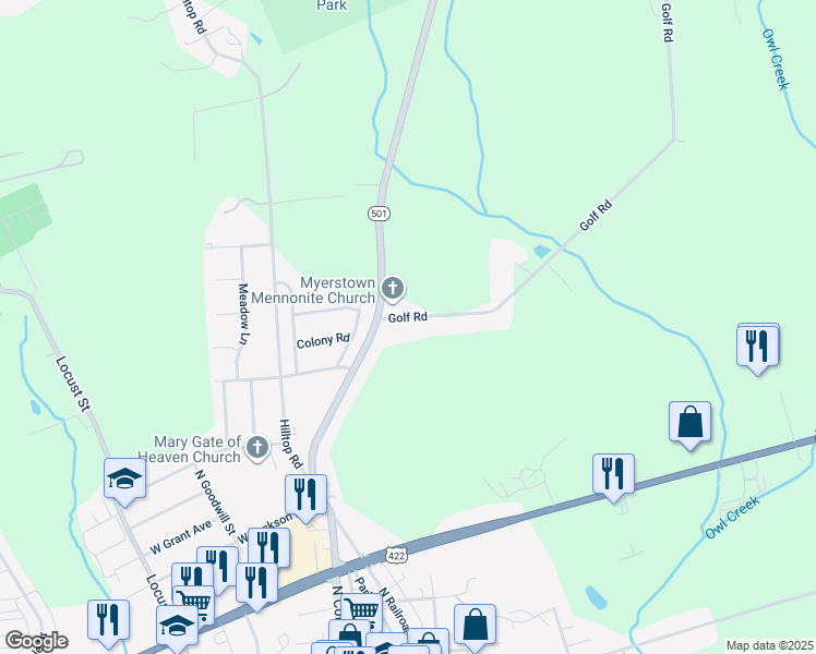 map of restaurants, bars, coffee shops, grocery stores, and more near 8 Golf Road in Myerstown