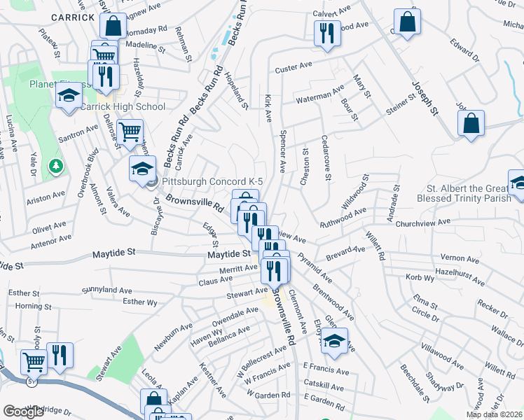 map of restaurants, bars, coffee shops, grocery stores, and more near 2715 Churchview Avenue in Pittsburgh