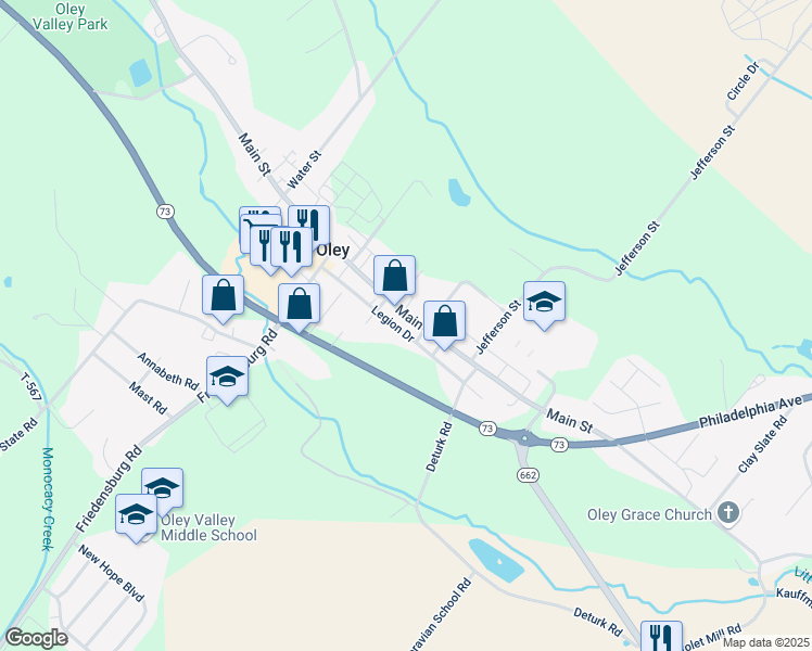 map of restaurants, bars, coffee shops, grocery stores, and more near 62 Legion Drive in Oley