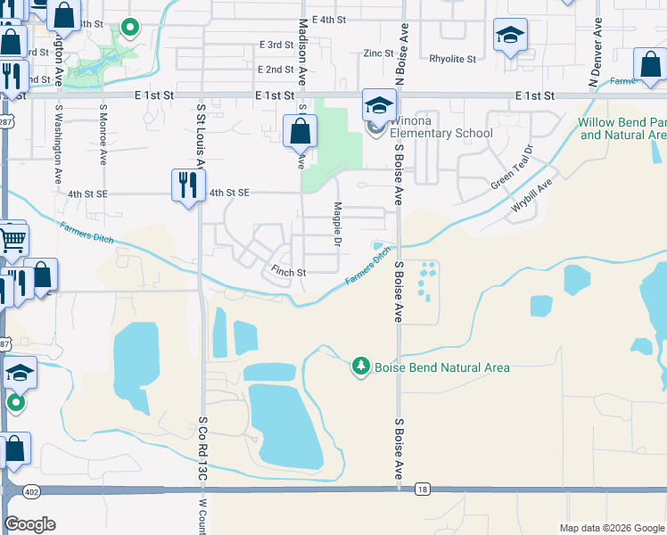 map of restaurants, bars, coffee shops, grocery stores, and more near 1398 Finch Street in Loveland